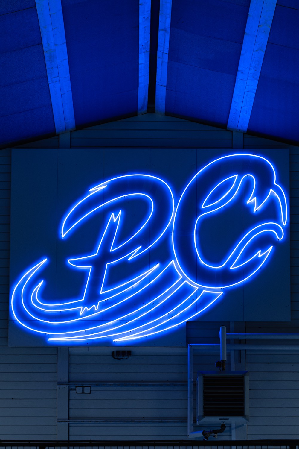 Leuchtendes PC-Neonlogo an der Hallenwand